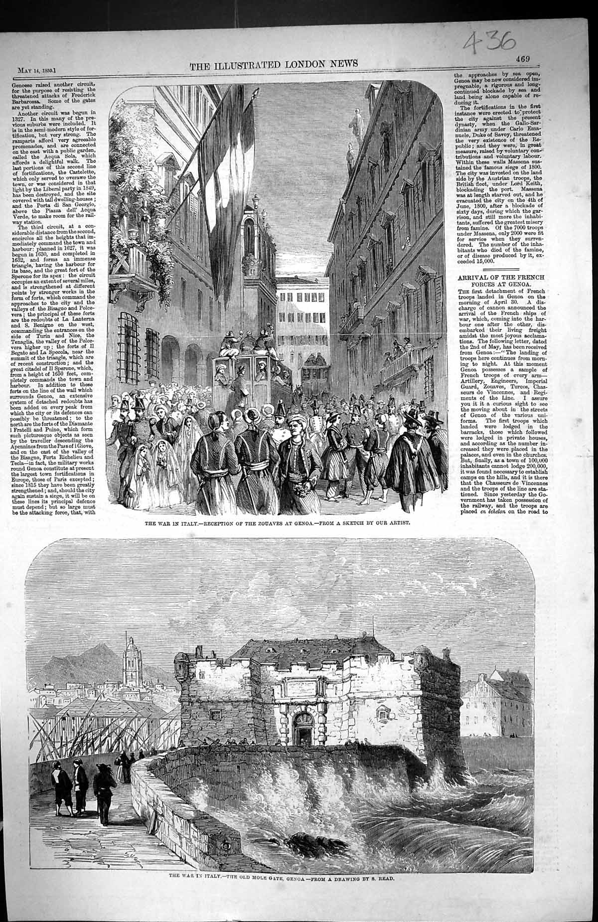 Antique Old Print 1859 War Italy Reception Zouaves Genoa Mole Gate French Si