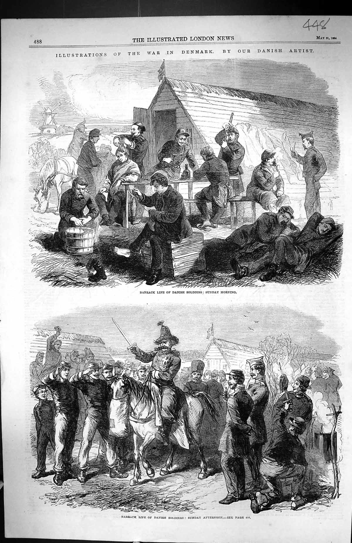 Old Antique Print 1864 War Denmark Barrack Life Danish Siers Sunday Scene 19th