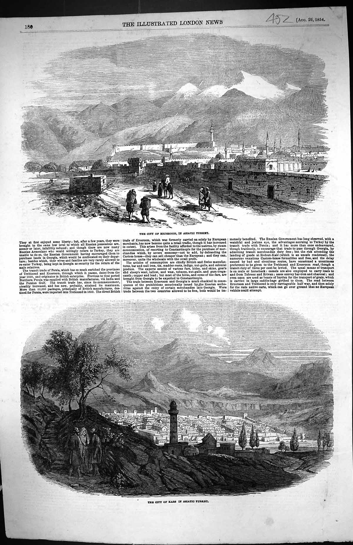 Old Antique Print 1854 View City Erzeroom Asiatic Turkey Kars Mountains 19th