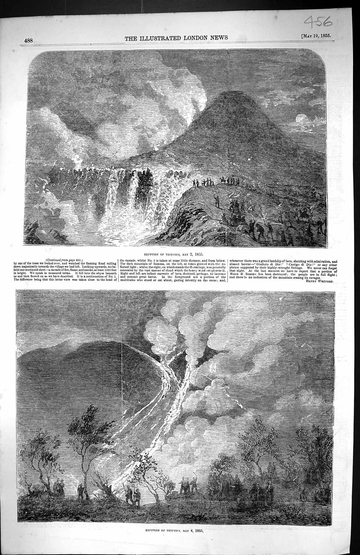 Original Old Antique Print 1855 Eruption Mount Vesuvius Volcano Mountains Italy