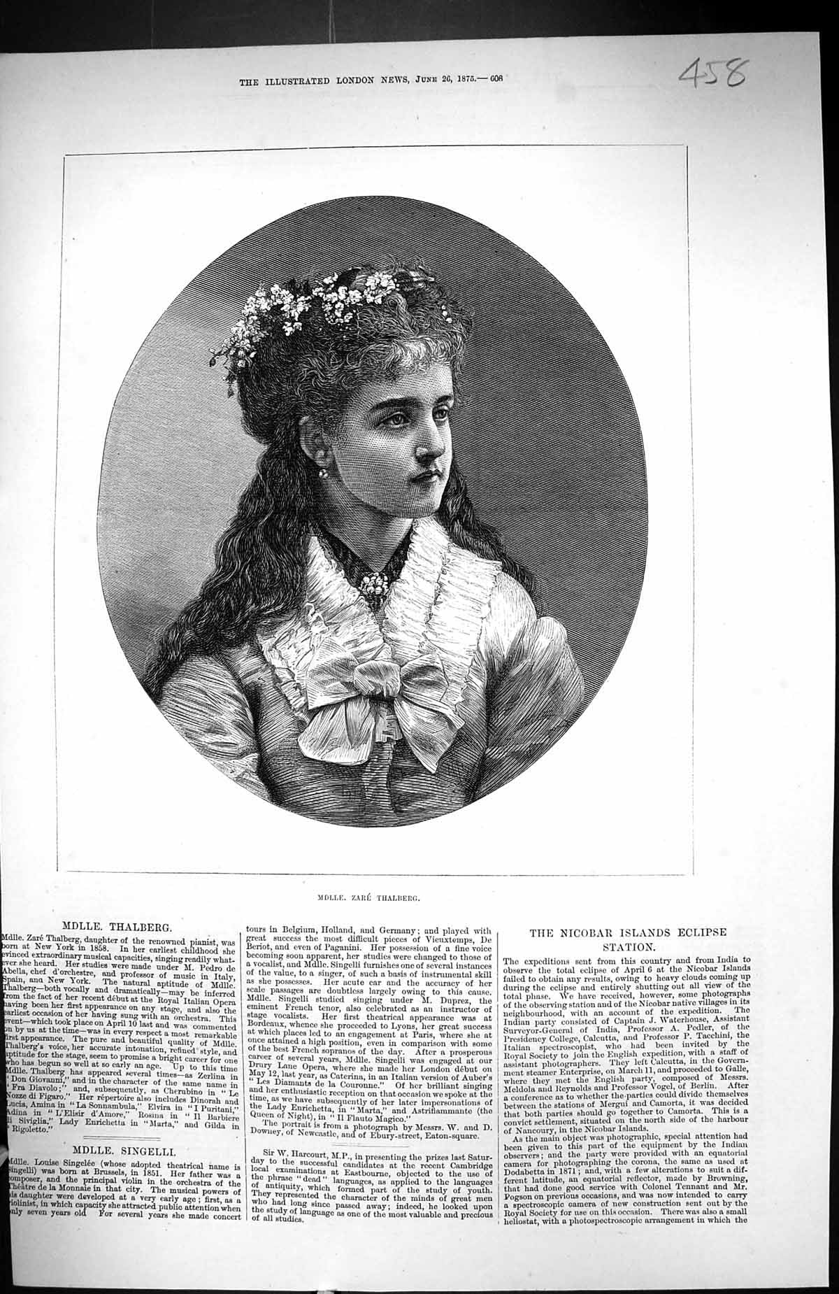Old Antique Print 1875 Portrait Mdlle. Zare Thalburg Royal Italian Opera 19th