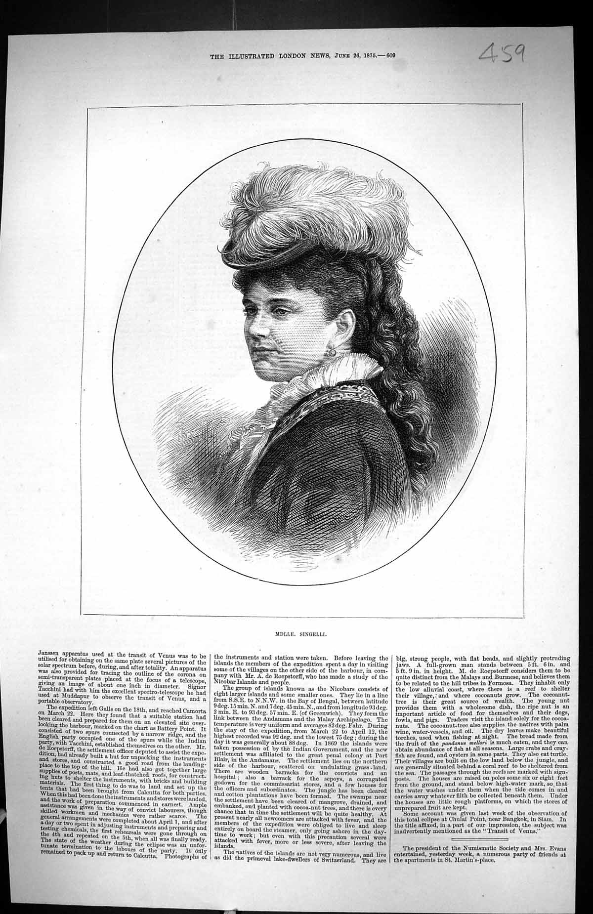 Original Old Antique Print 1875 Portrait Mdlle. Louise Singelli Theatre Actress