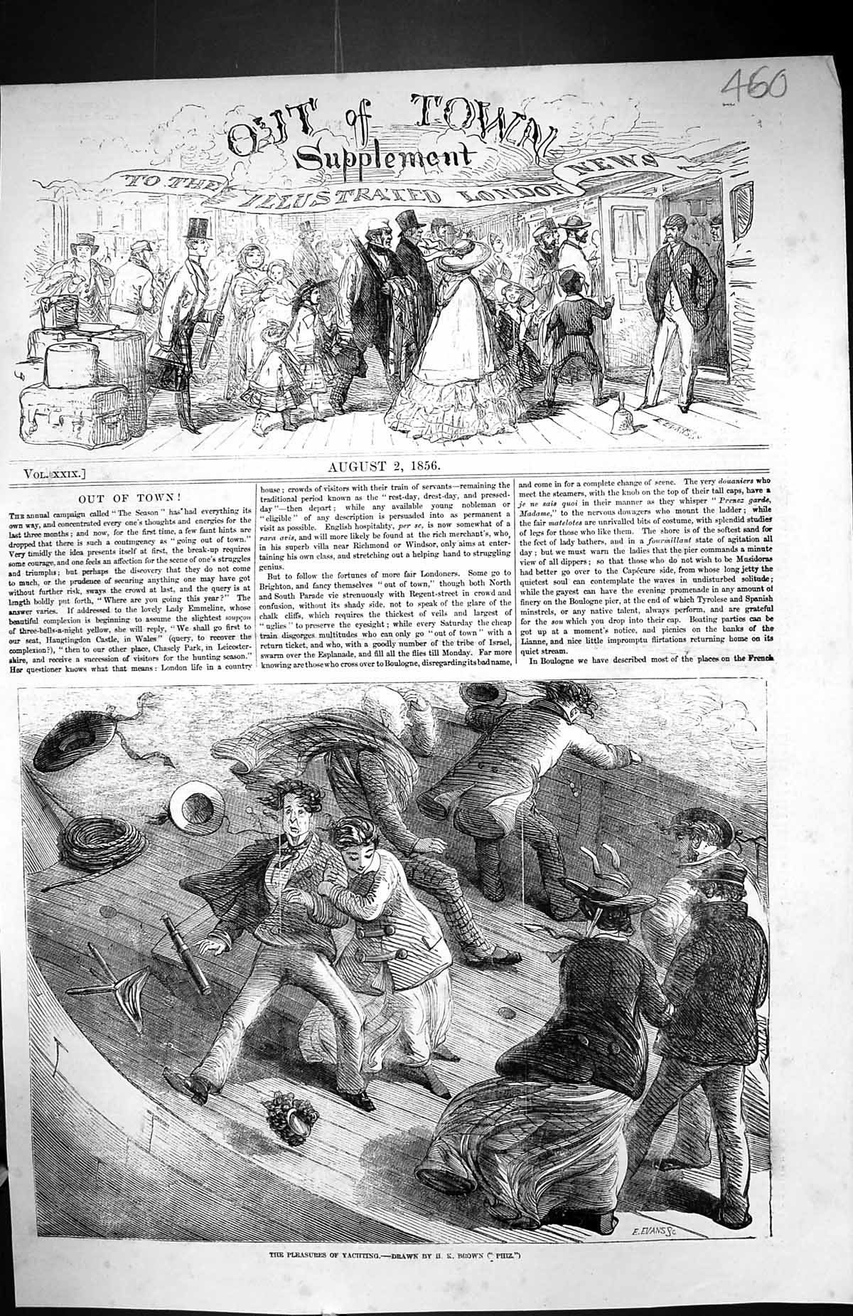 Original Old Antique Print 1856 Scene Pleasures Yachting Stormy Sea Brown 19th