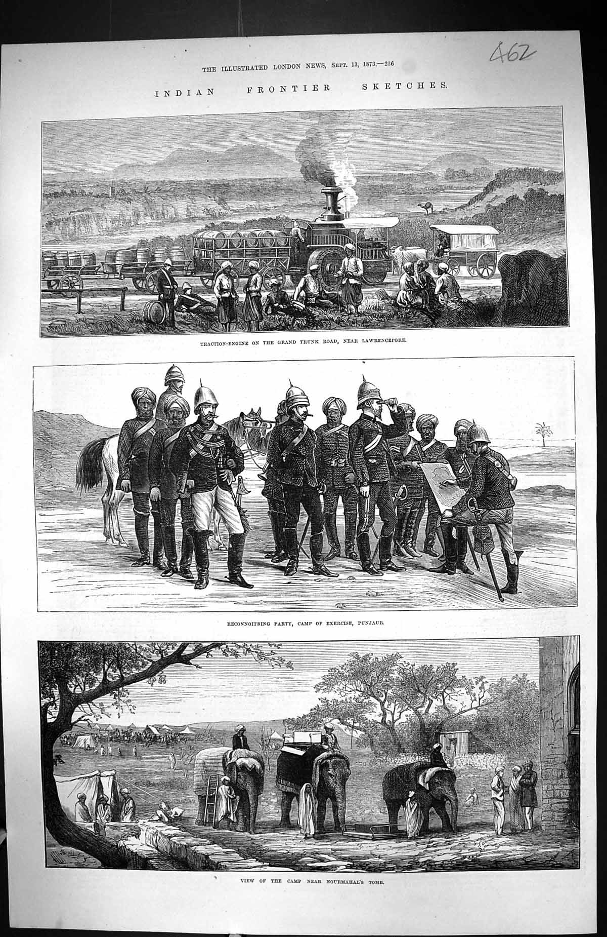 Old Print 1873 Train Engine Trunk Road Lawrencepore Punjaub Siers Elepha 19th