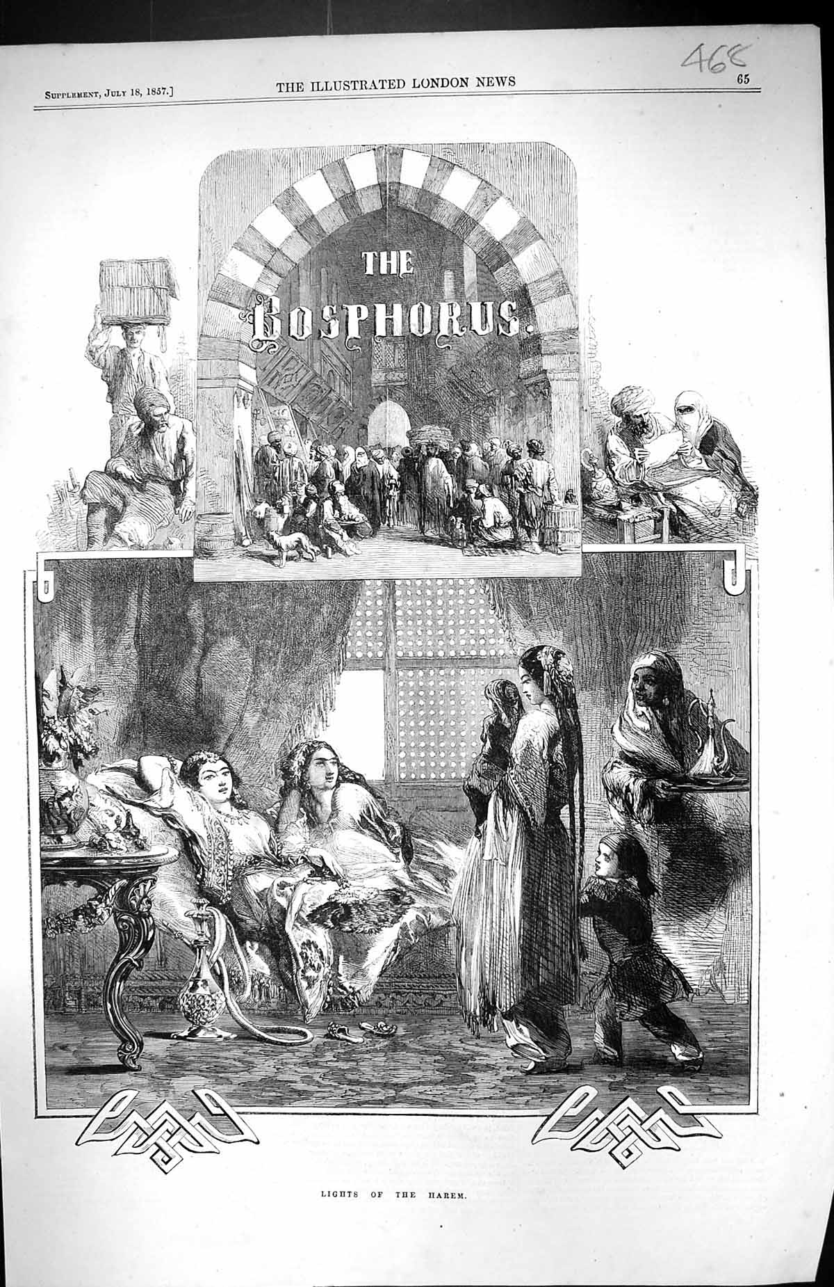 Original Old Antique Print 1857 Bosphorus Lights Harem Ladies 19th