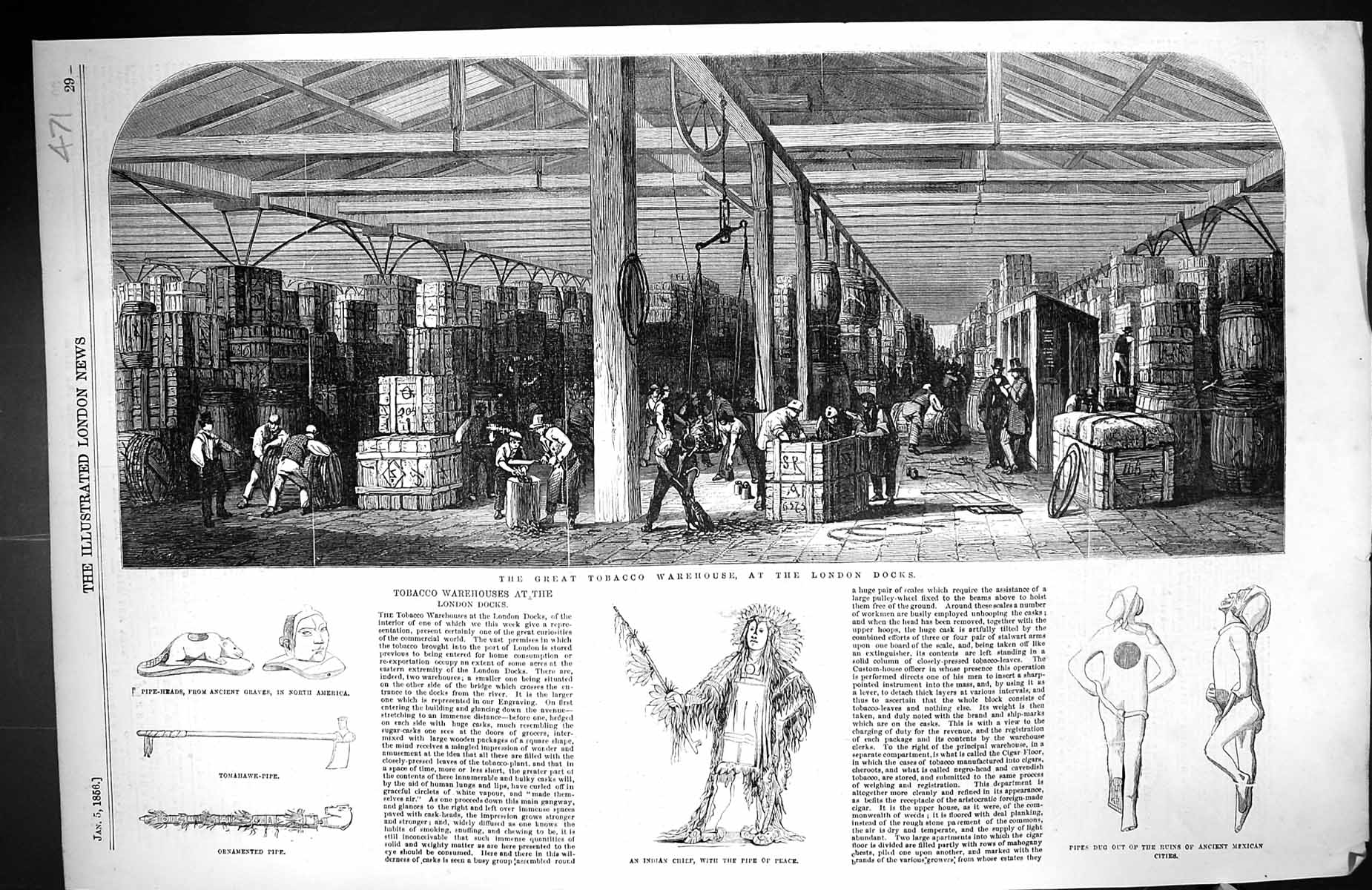 Old 1856 Tobacco Warehouse London Docks Indian Chief Pipe Peace Tomah Victorian