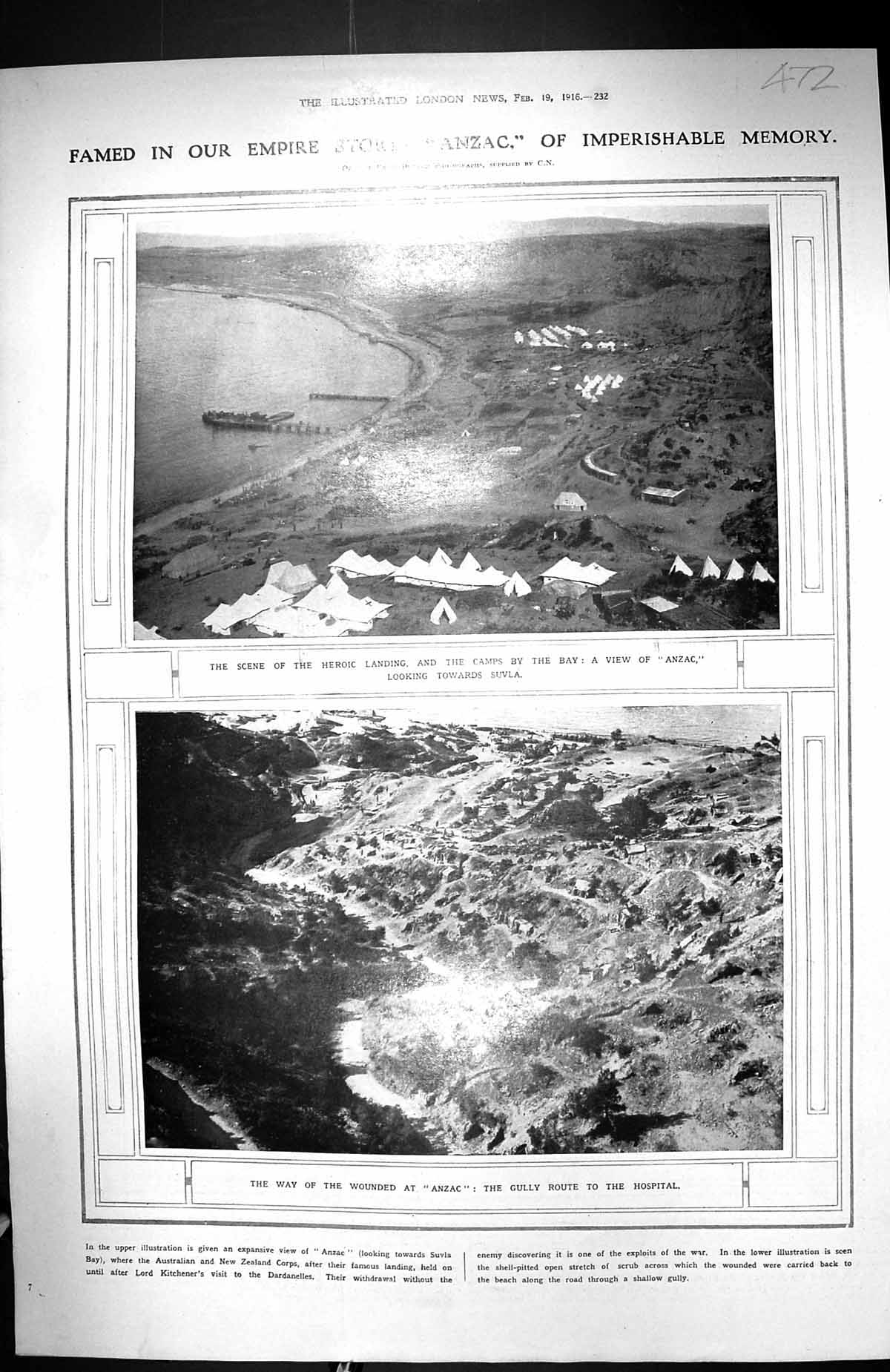 Old Print 1916 View Anzac Camps Suvla Photograph Gully Route Hospital War 20th