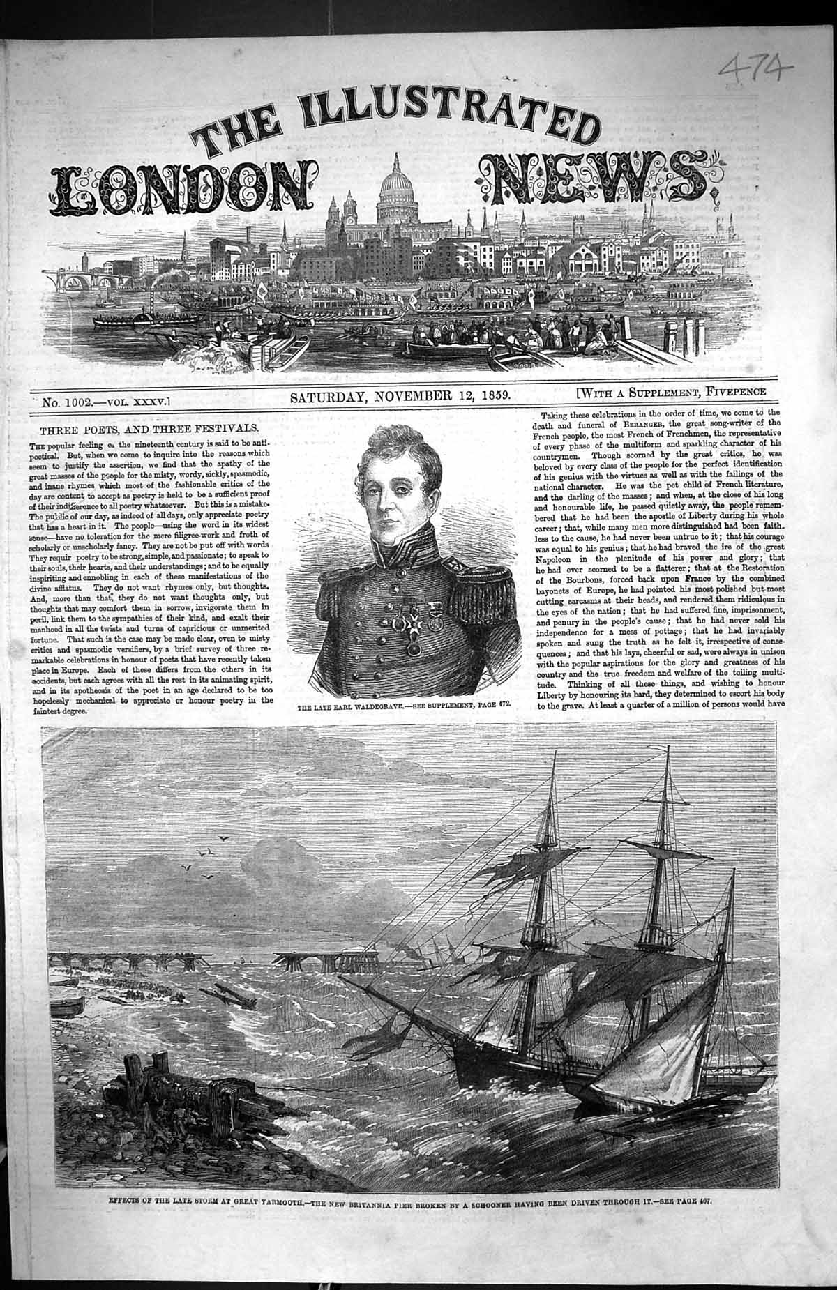 Old 1859 Storm Great Yarmouth Britannia Pier Schooner Earl Waldegrave Victorian