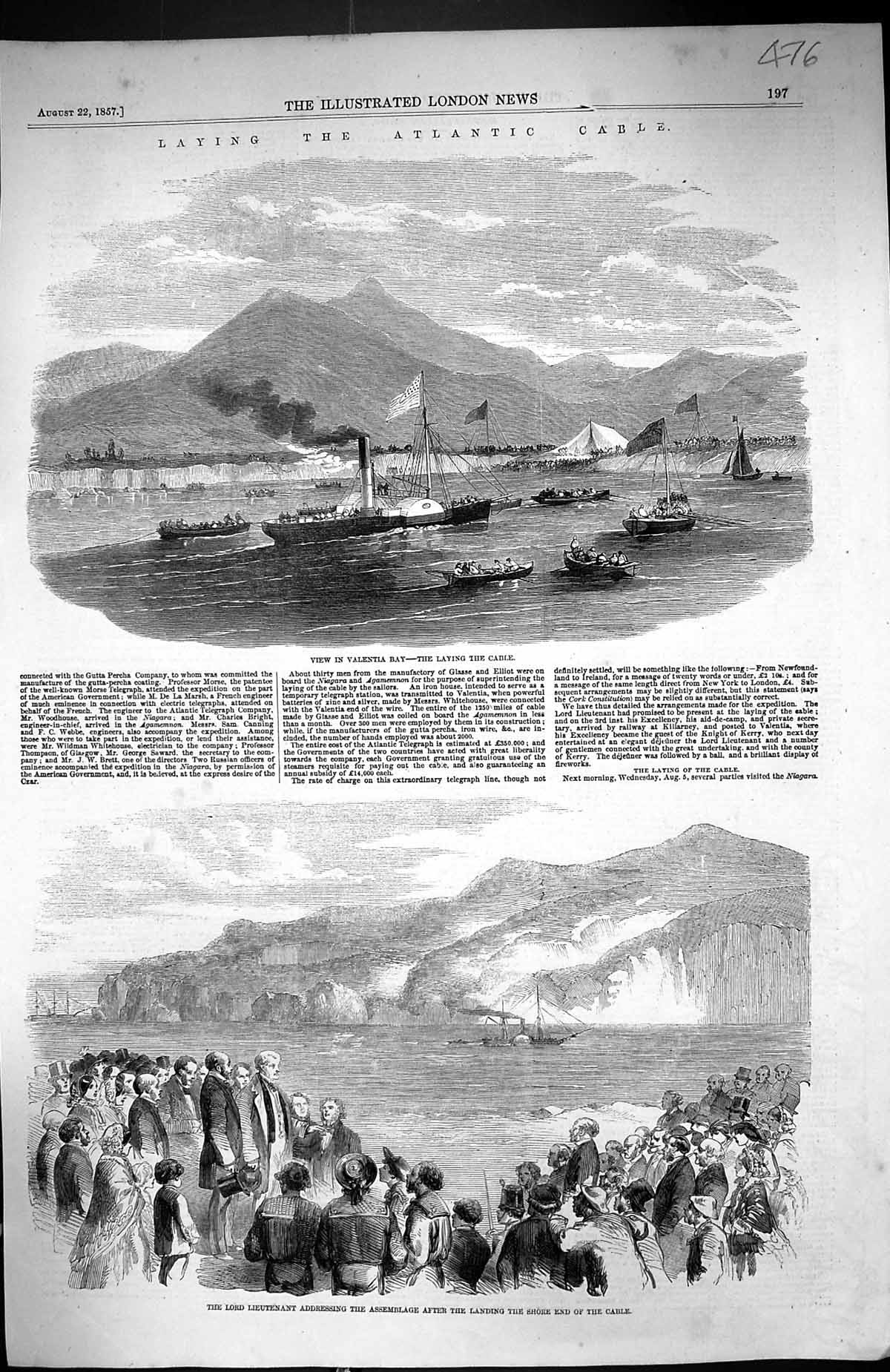 Old 1857 Valentia Bay Ships Boats Laying Atlantic Cable Lord Lieutena Victorian
