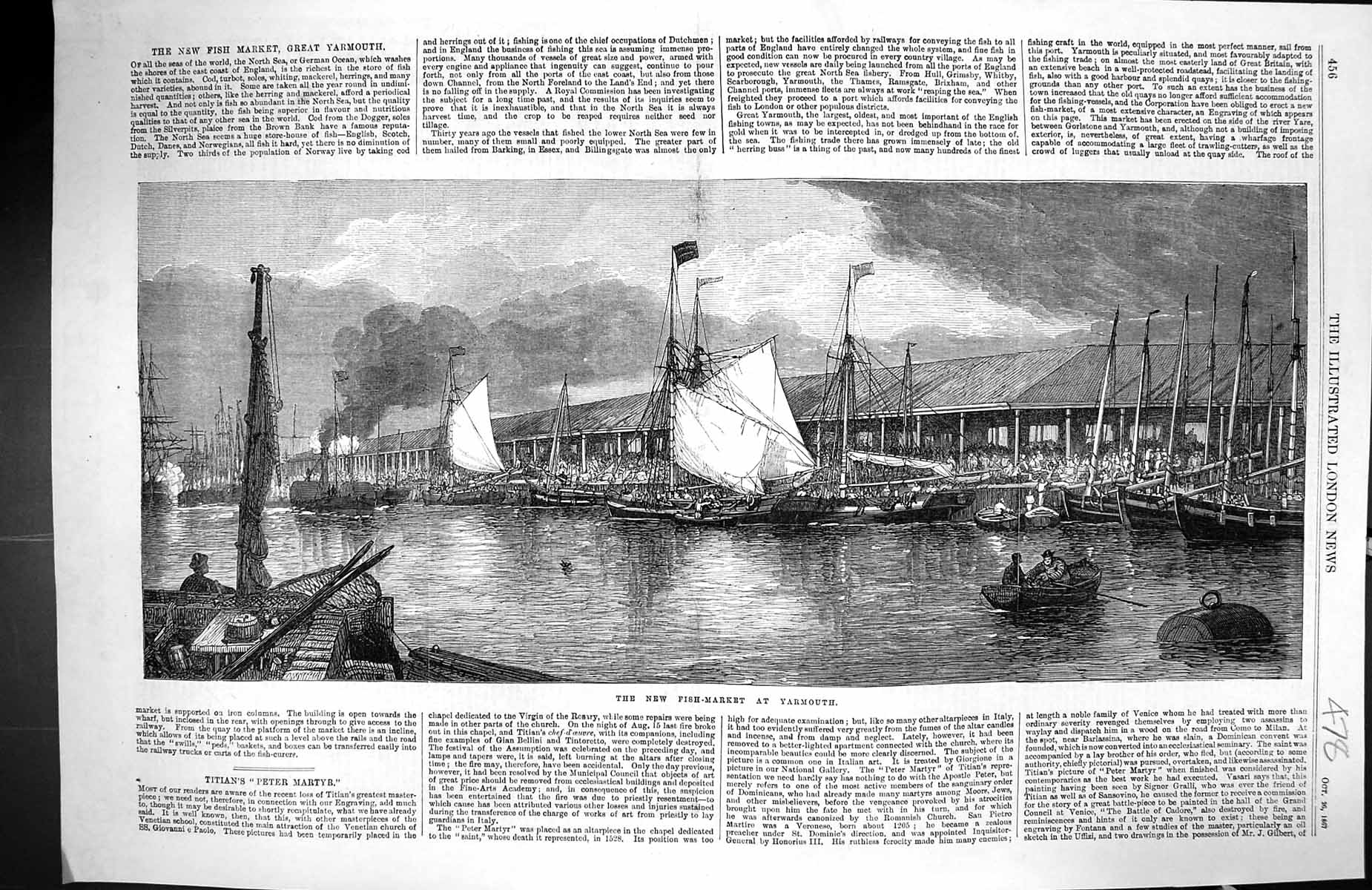 Original Old Antique Print 1867 View New Fish Market Great Yarmouth Boats 19th