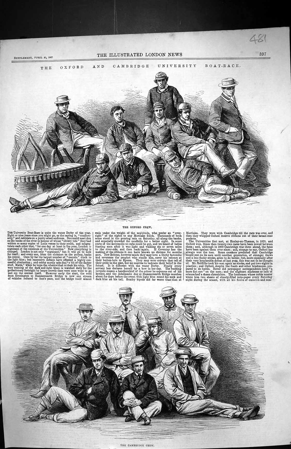 Old Antique Print 1867 Oxford Cambridge University Boatrace Portrait Crew 19th