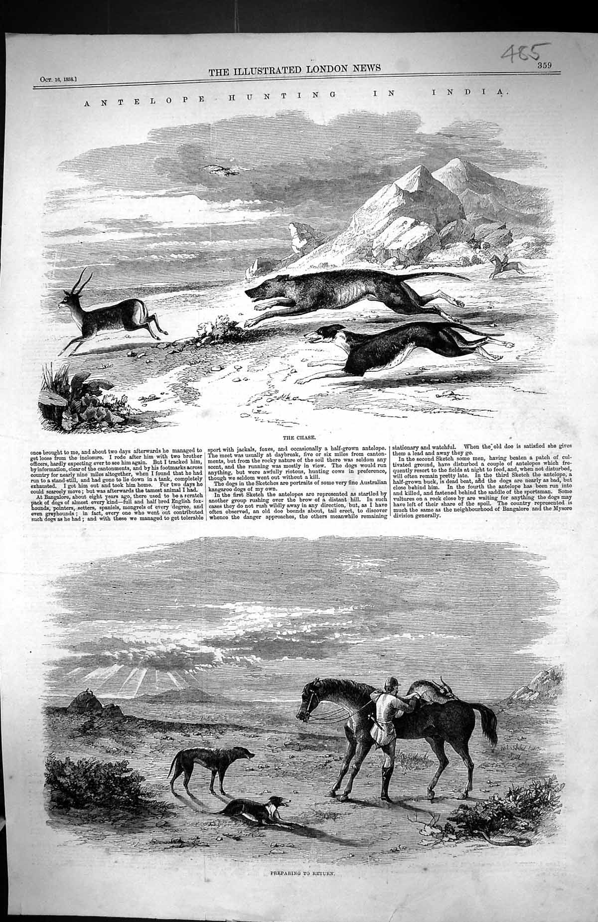Antique Print 1858 Antelope Hunting India Sport Horse Hounds Dogs Huntsman 19th