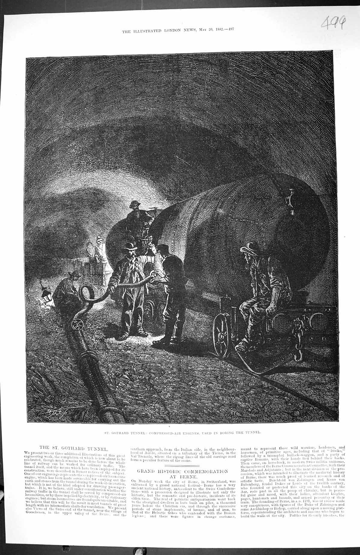 Old Print 1882 St. Gothard Tunnel Compressed-Air Engines Boring Machinery 19th