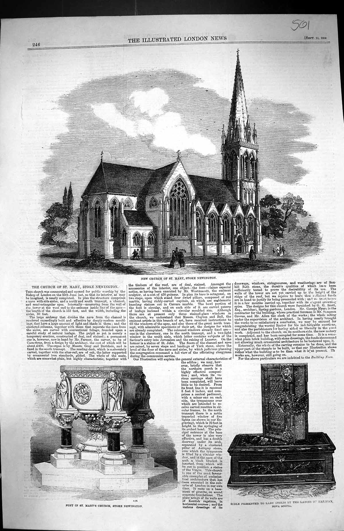 Old 1858 Church St. Mary Stoke Newington Font Bible Lady Inglis Ladie Victorian