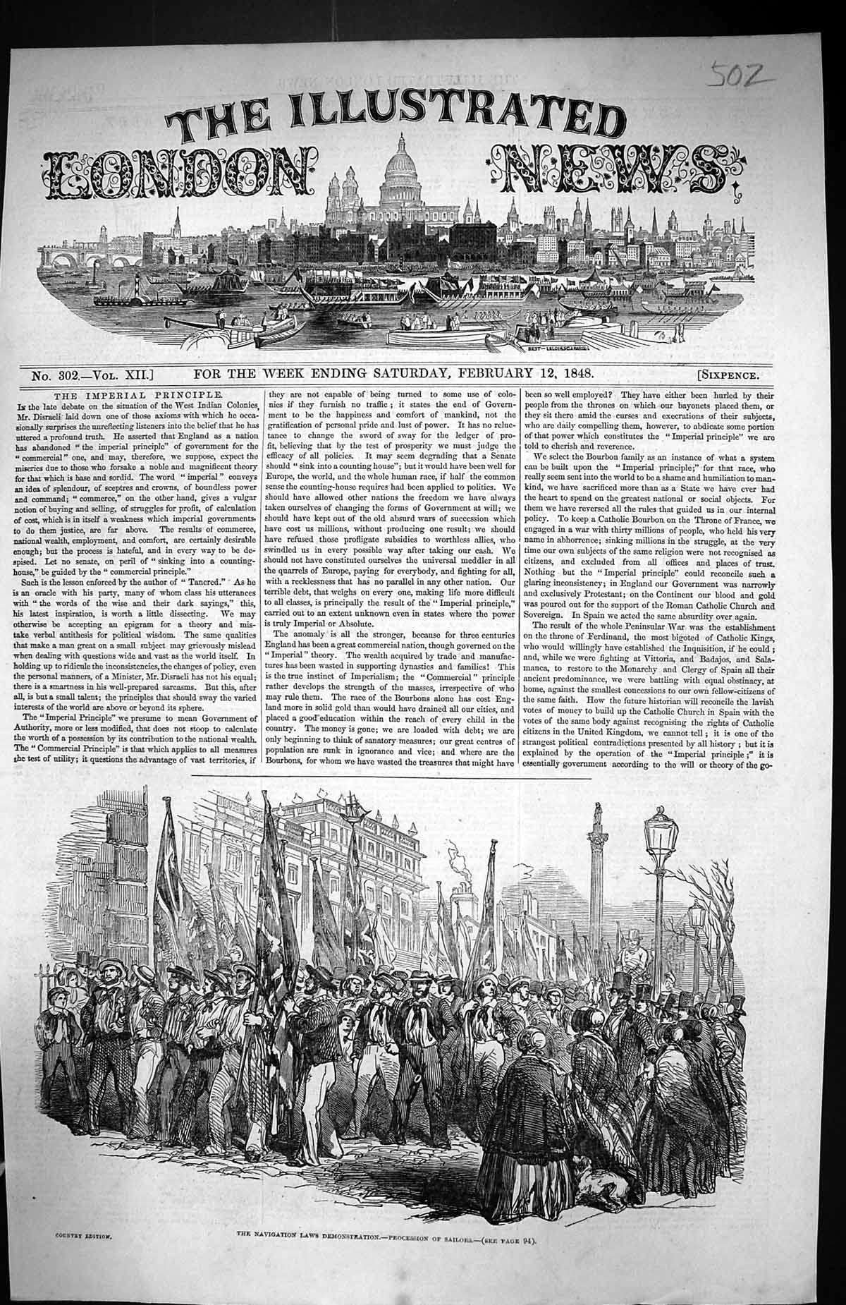 Old Antique Print 1848 Navigation Laws Demonstration Procession Sailors 19th
