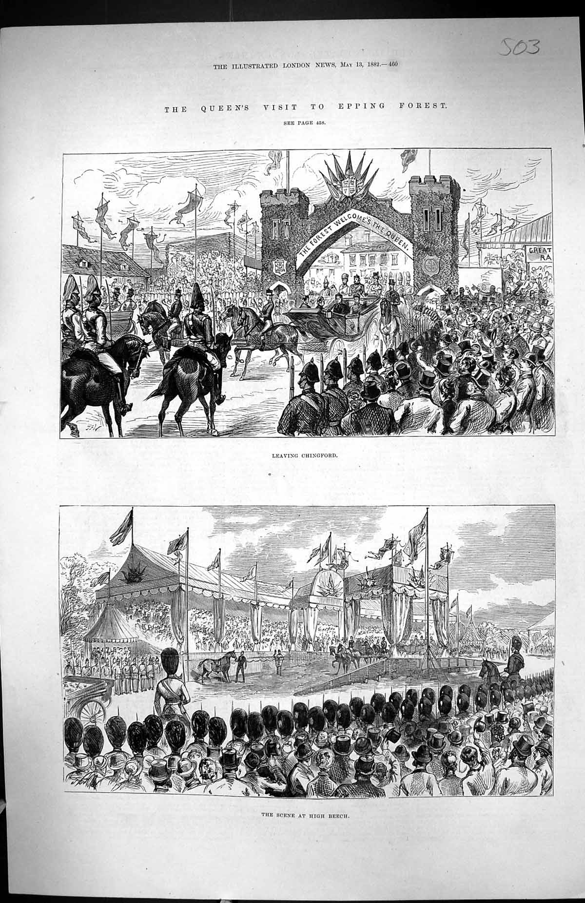 Old Print 1882 Queen Visit Epping Forest Chingford High Beech Procession 19th