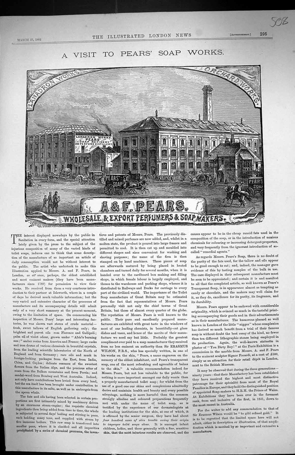 Old 1882 Pears Soap Works Wholesale Export Perfumers Makers Industry Victorian