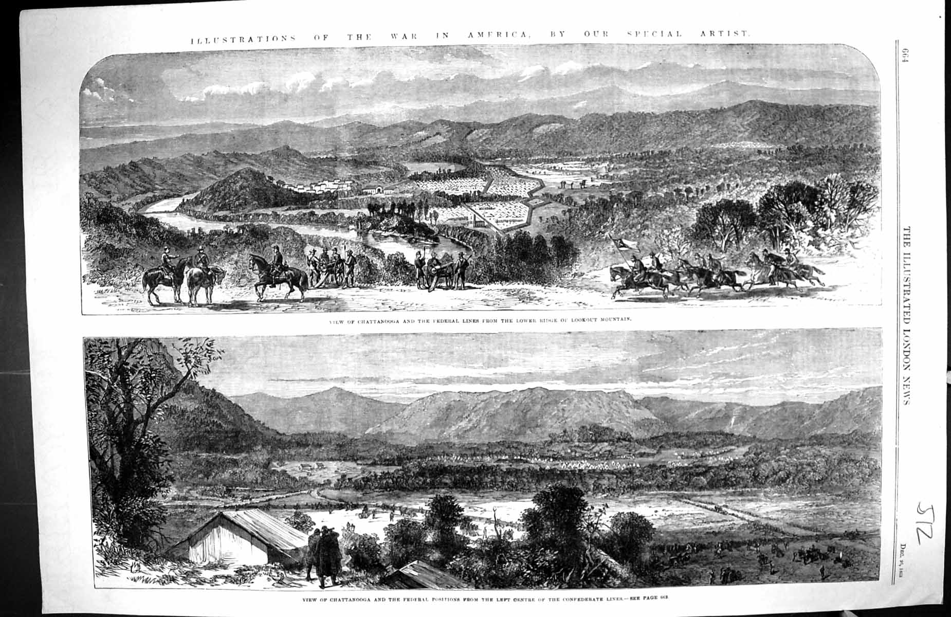 Old Print 1863 War America Chattanooga Federal Positions Lookout Mountain 19th