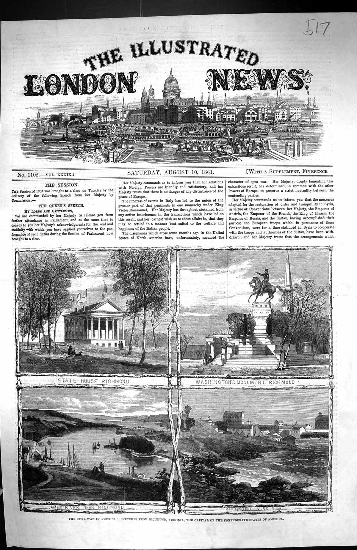Old Print 1861 Civil War America Washington Monument Richmond James River 19th