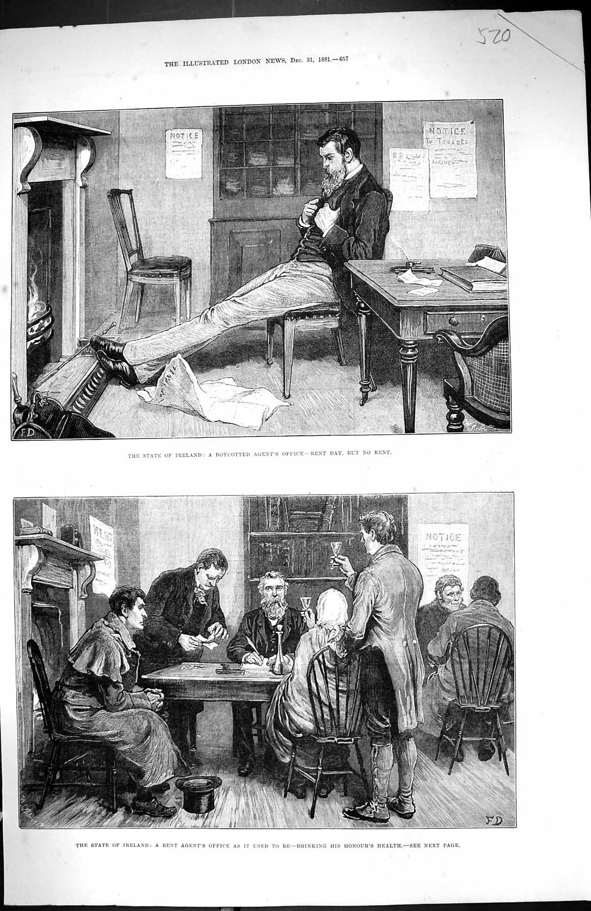 Old Print 1881 Ireland Boycotted Angent'S Office Rent Drinking Health Men 19th