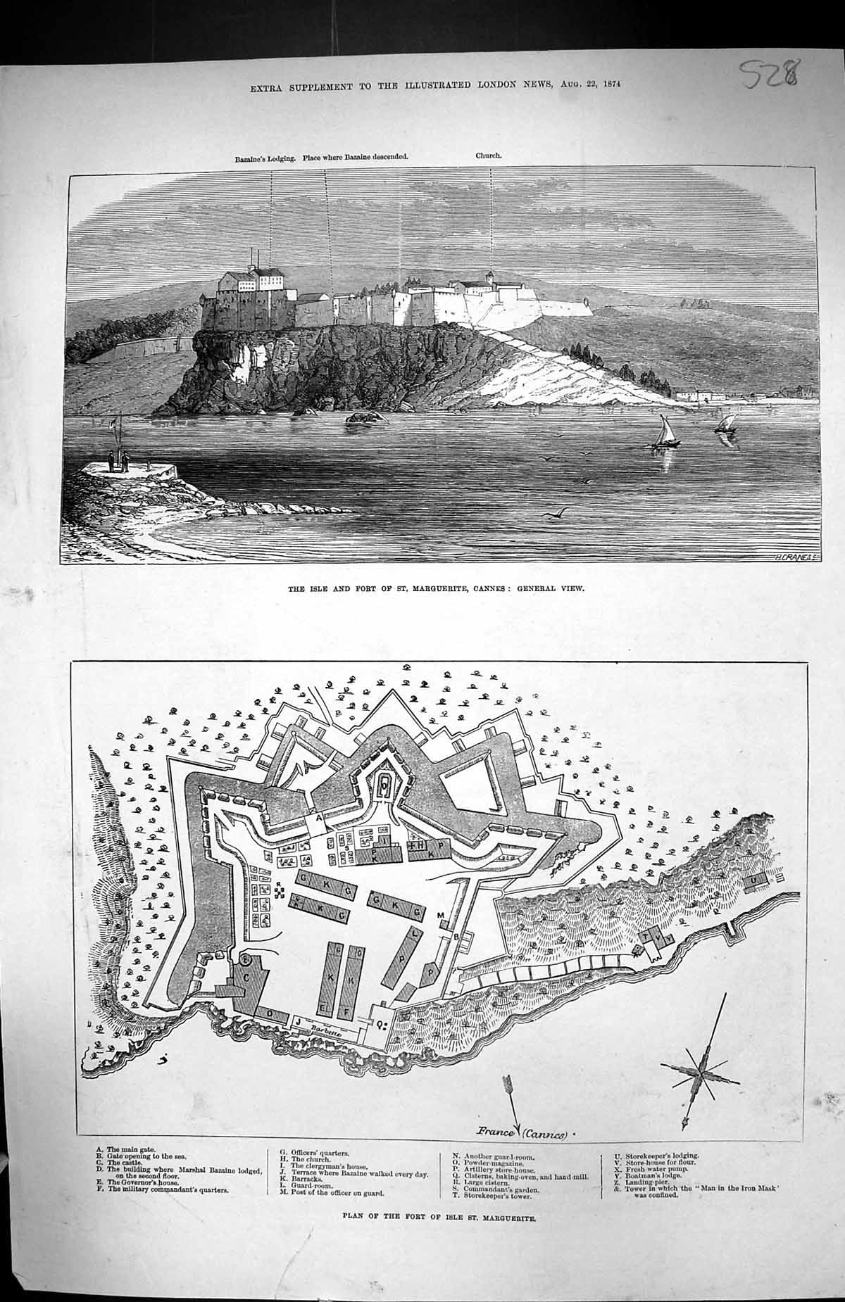 Old 1874 Plan Fort Isle St. Marguerite Cannes France Barracks Storeke Victorian