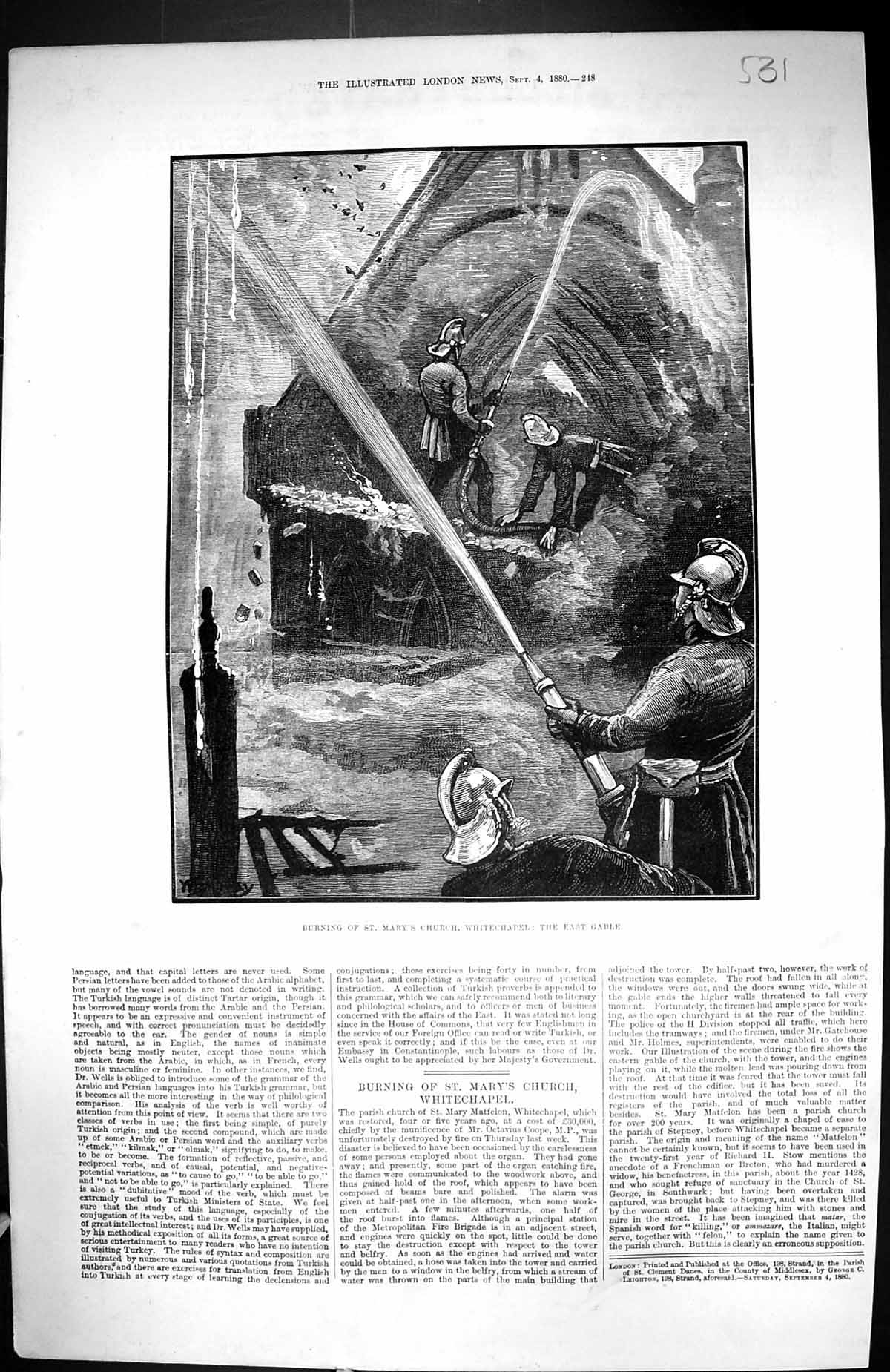 Old 1880 Burning St. Mary'S Church Whitechapel East Gable Fire Fire-M Victorian