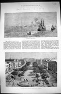 Old Antique Print 1882 Grand Square Alexandria Scene Rioting Ships Egypt 19th