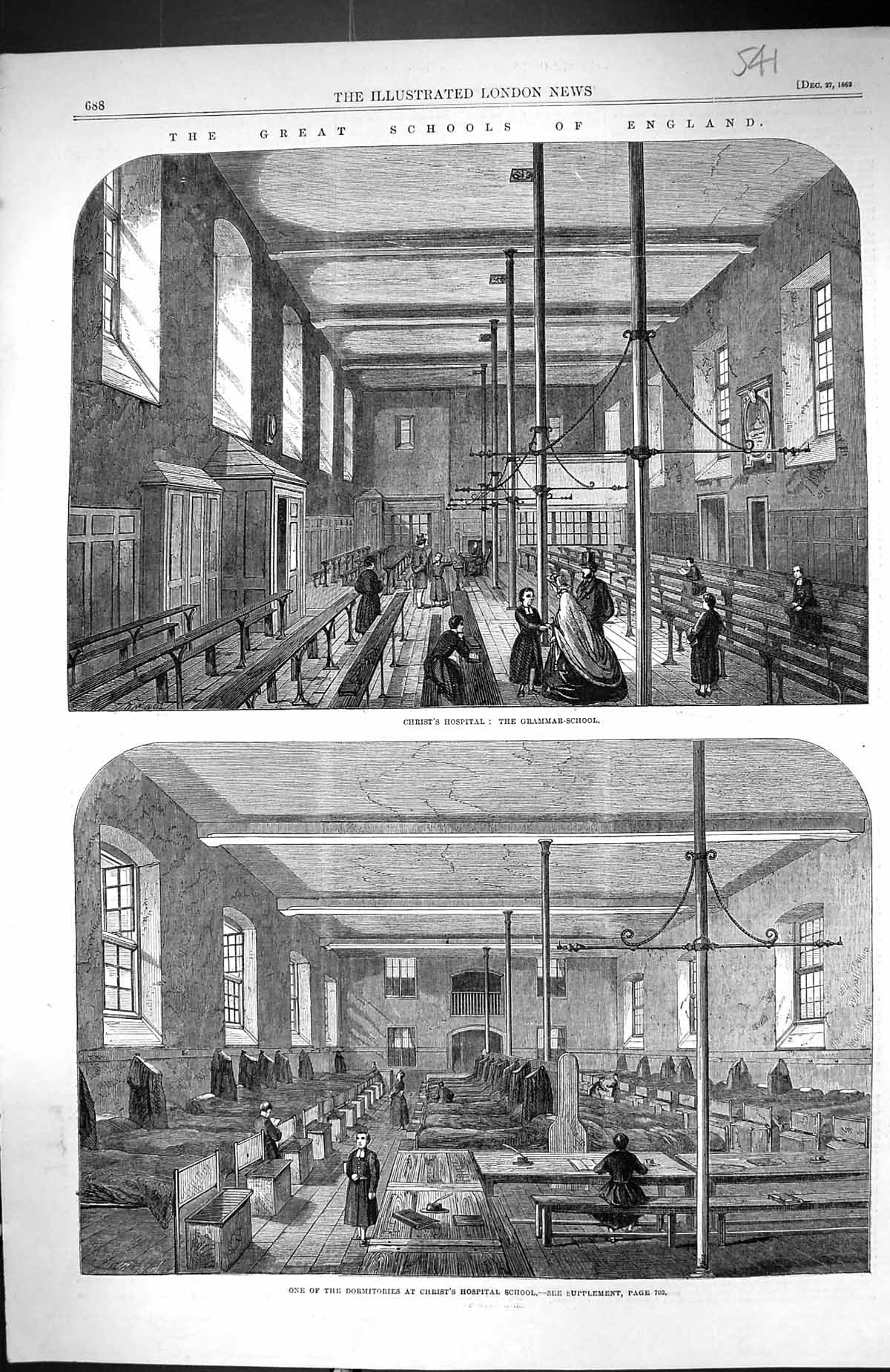 Old 1862 England Schools Christ'S Hospital Grammar Dormitory Bedroom Victorian