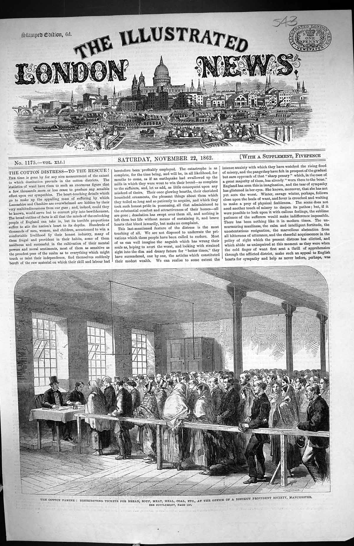 Old 1862 Cotton Famine Distributing Tickets Bread Soup Office Manches Victorian