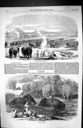 Old Print 1859 Mutiny India Elephant Camp Raneegunge Washing River Scene 19th