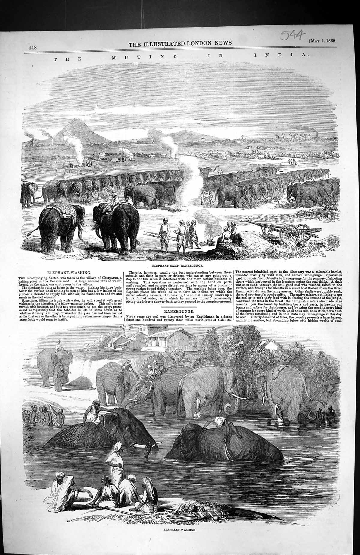 Old Print 1859 Mutiny India Elephant Camp Raneegunge Washing River Scene 19th