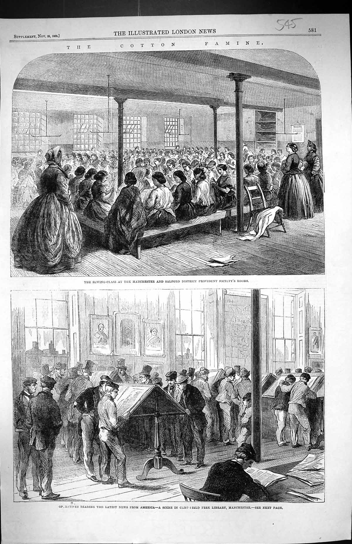 Old 1862 Cotton Famine Sewing Class Manchester Salford Camp-Field Lib Victorian