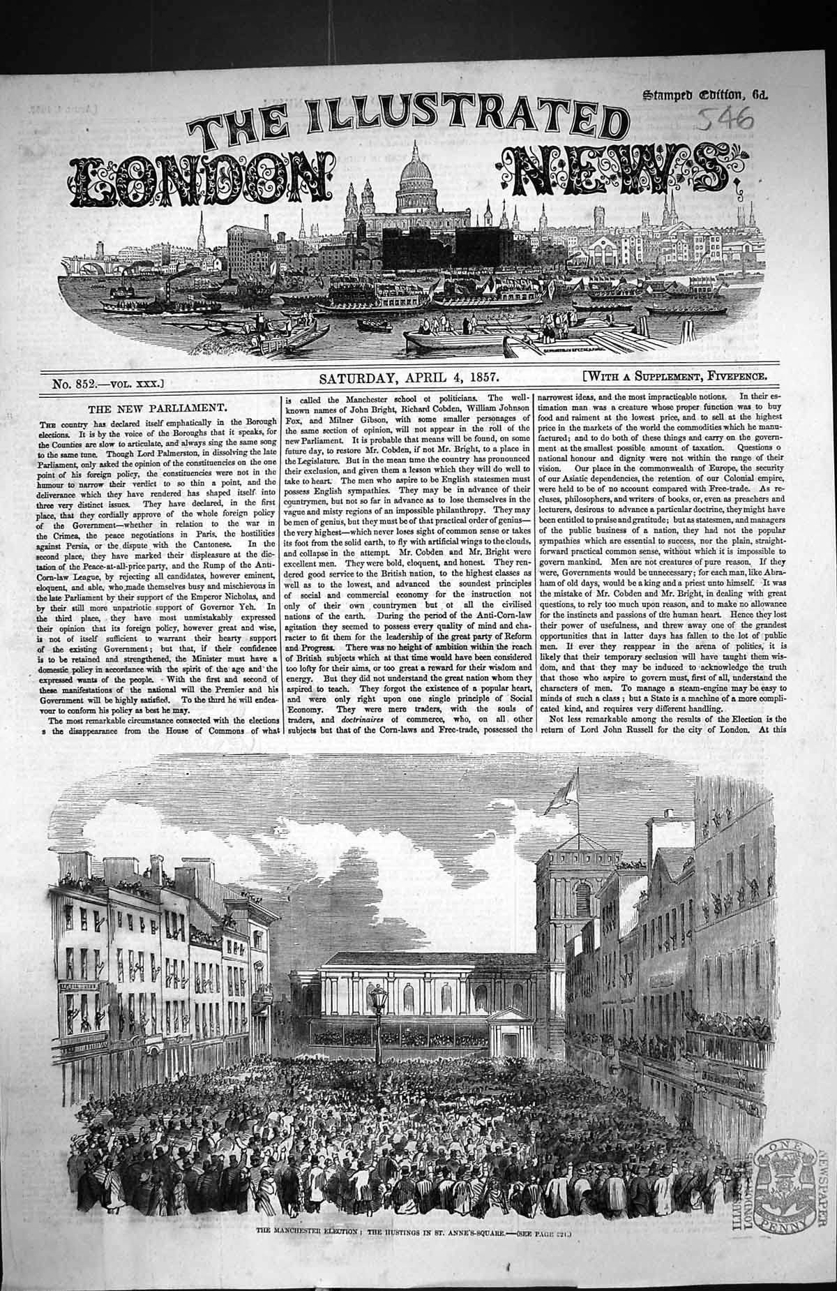 Old Print 1857 Manchester Election Hustings St. Anne'S Square Parliament 19th