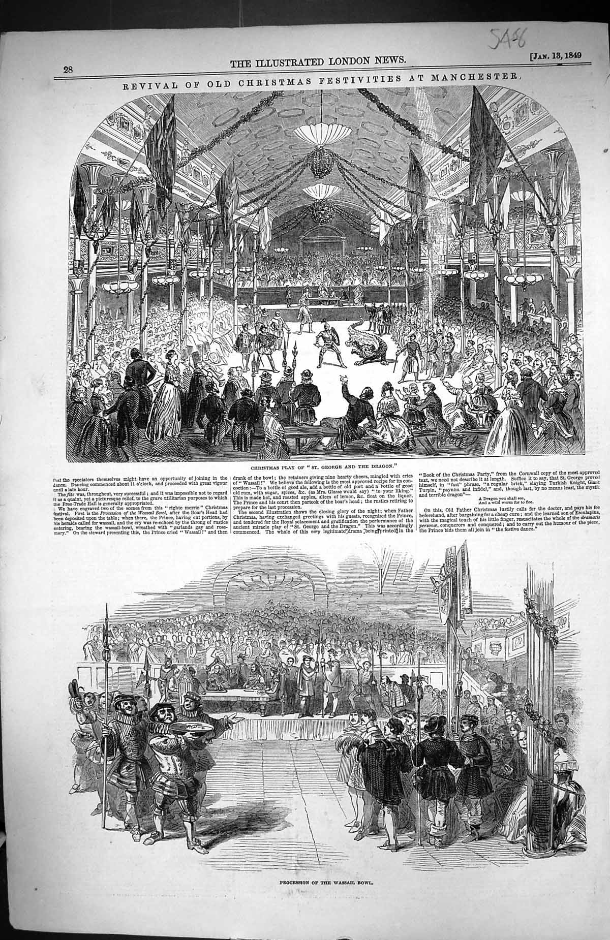 Old 1849 Christmas Festivities Manchester St. George Dragon Wassail B Victorian