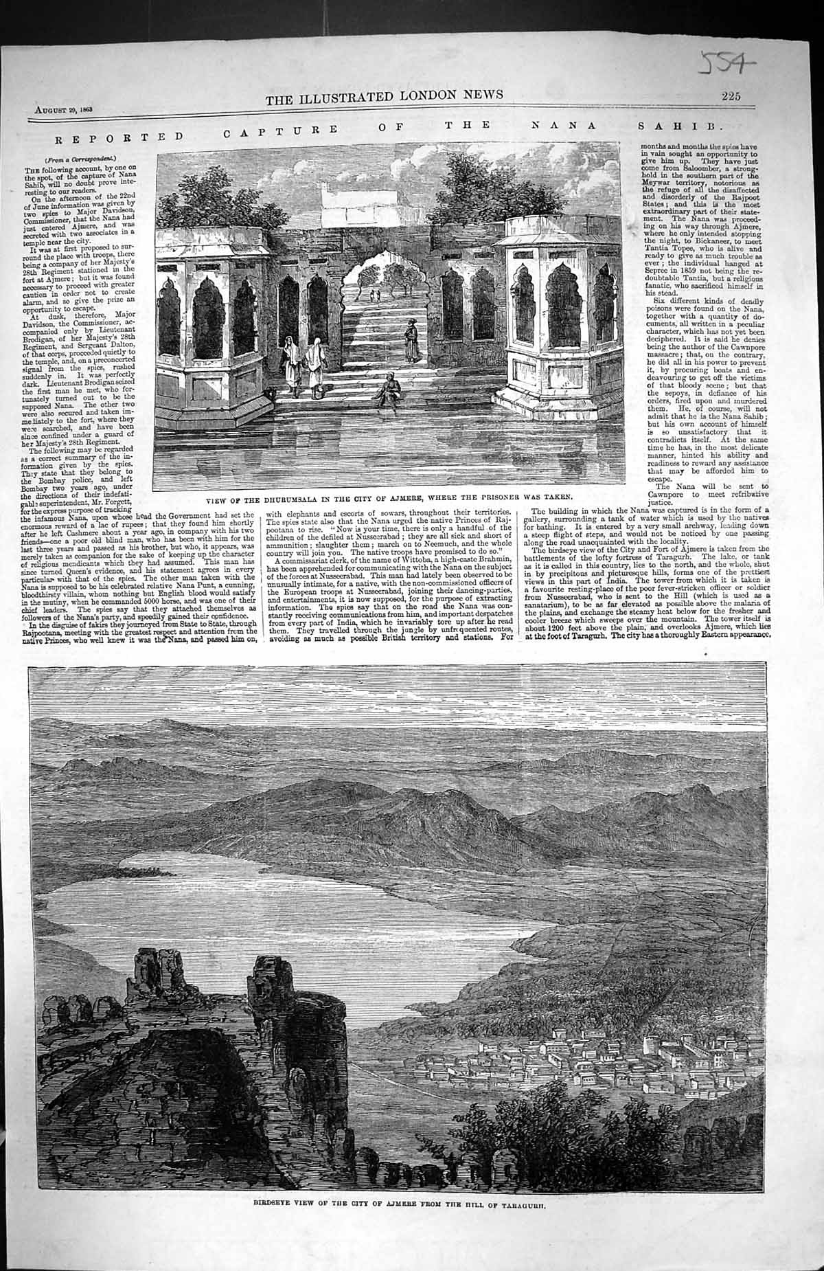 Old 1863 Birdseye View City Ajmere Hill Taragurh Dhurumsala Nana Sahi Victorian