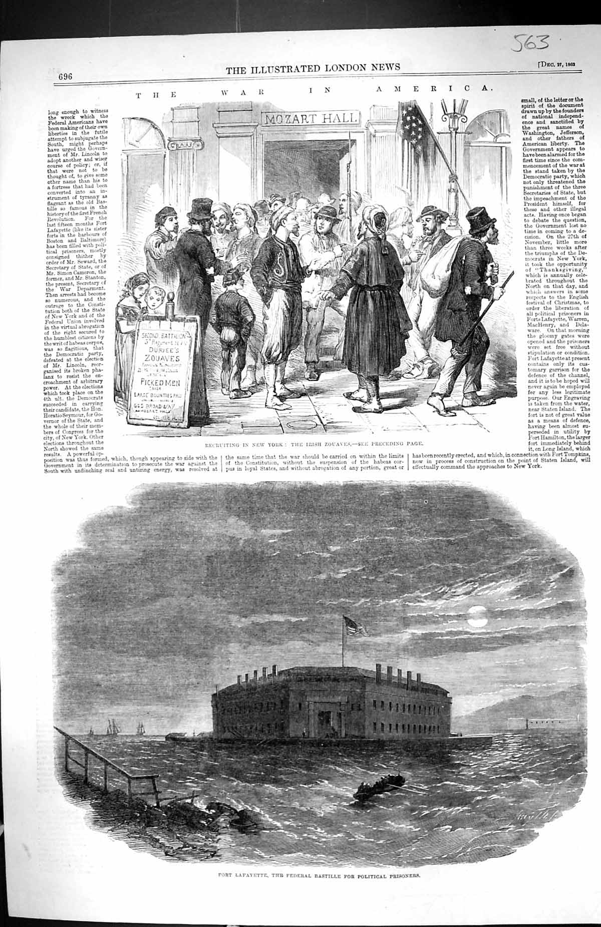 Old 1862 War America New York Irish Zouaves Fort Lafayette Bastille P Victorian