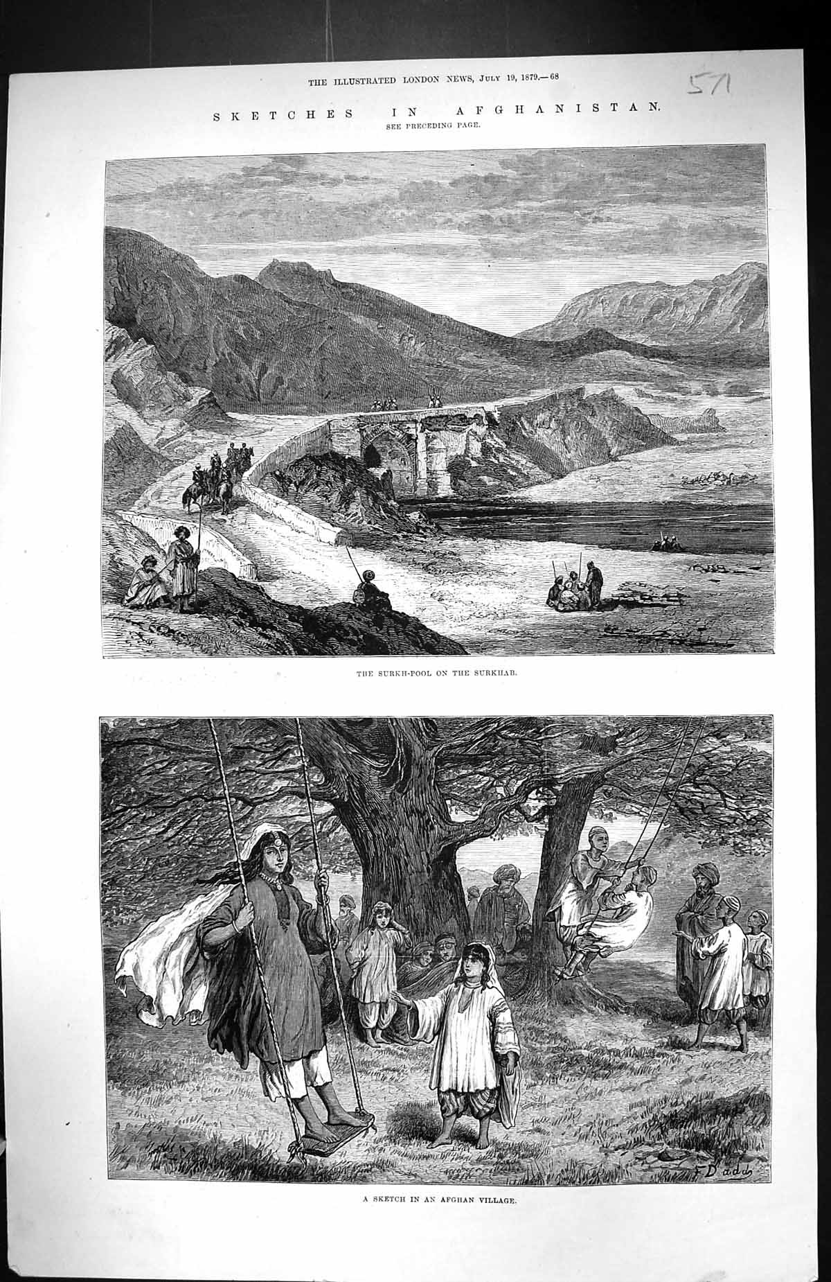 Old 1879 Afghanistan Surkh-Pool Surkhab Afhgan Village Scene Children Victorian