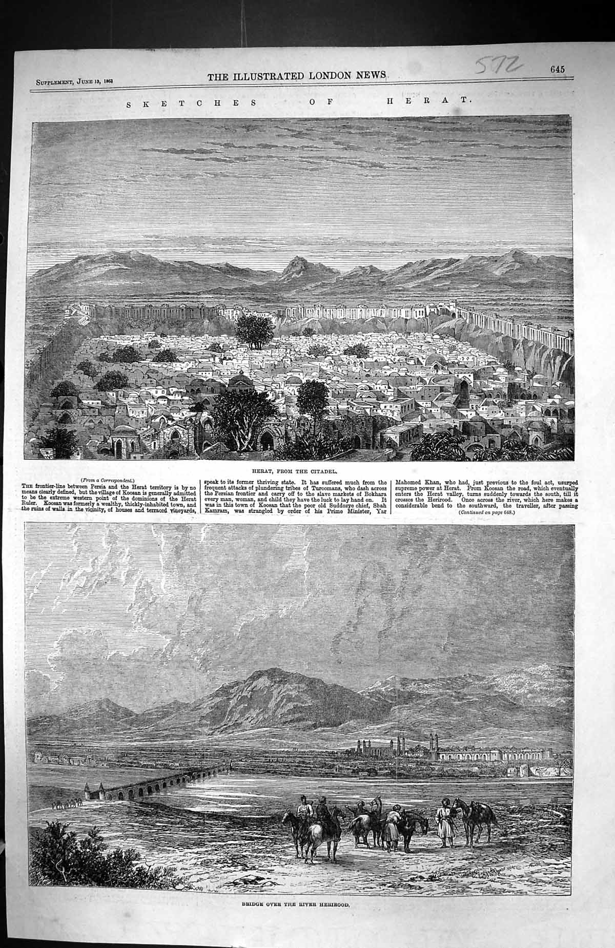 Original Old Antique Print 1863 Herat Citadel Bridge River Herirood Mountains