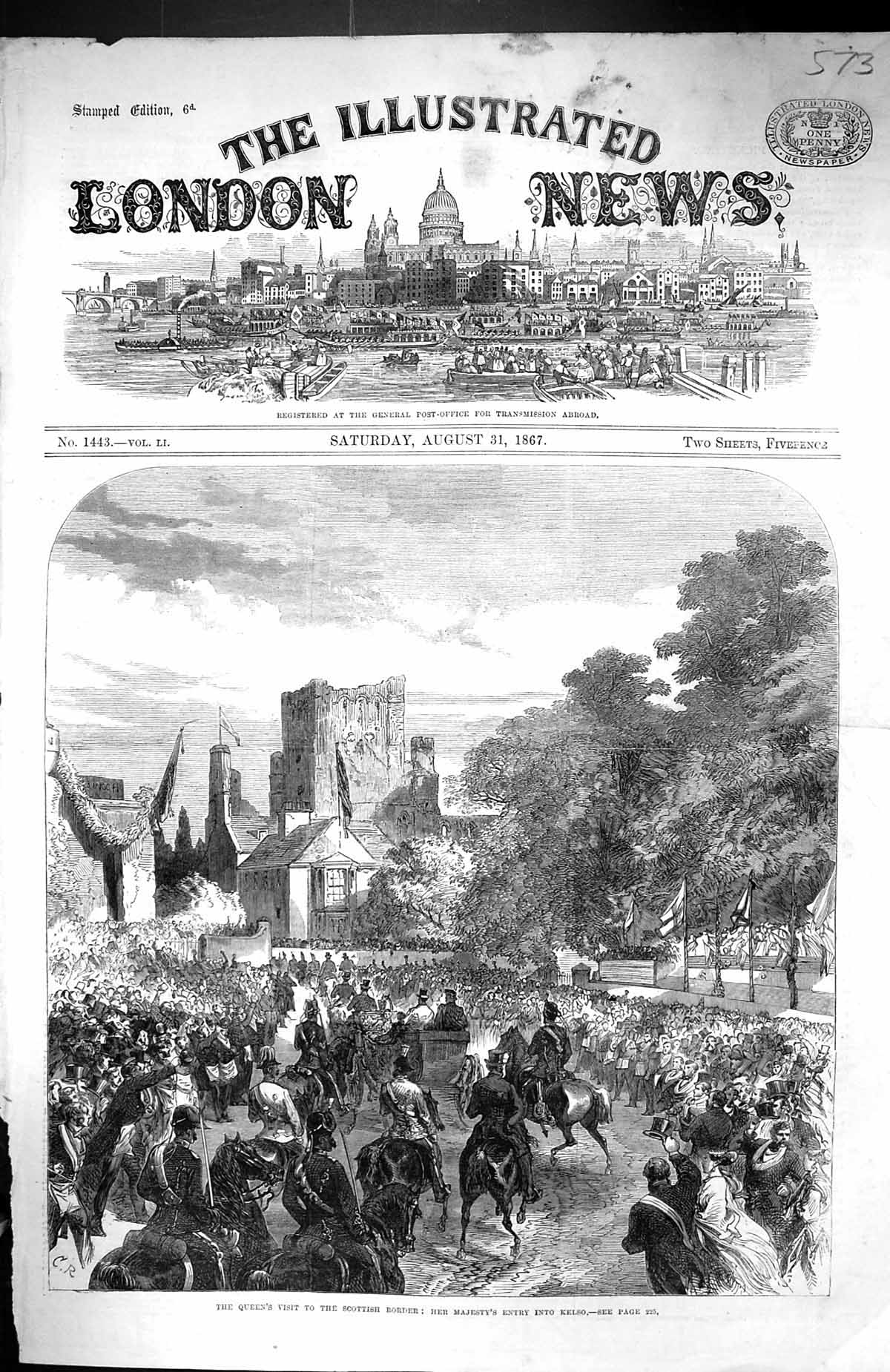 Antique Old Print 1867 Queen Visit Scottish Border Kelson Procession Horses