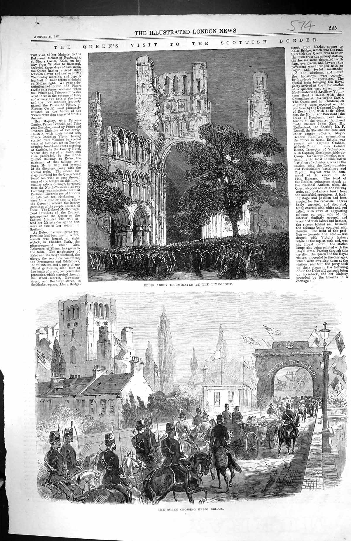Old 1867 Kelso Abbey Illuminated Lime-Light Queen Procession Bridge S Victorian