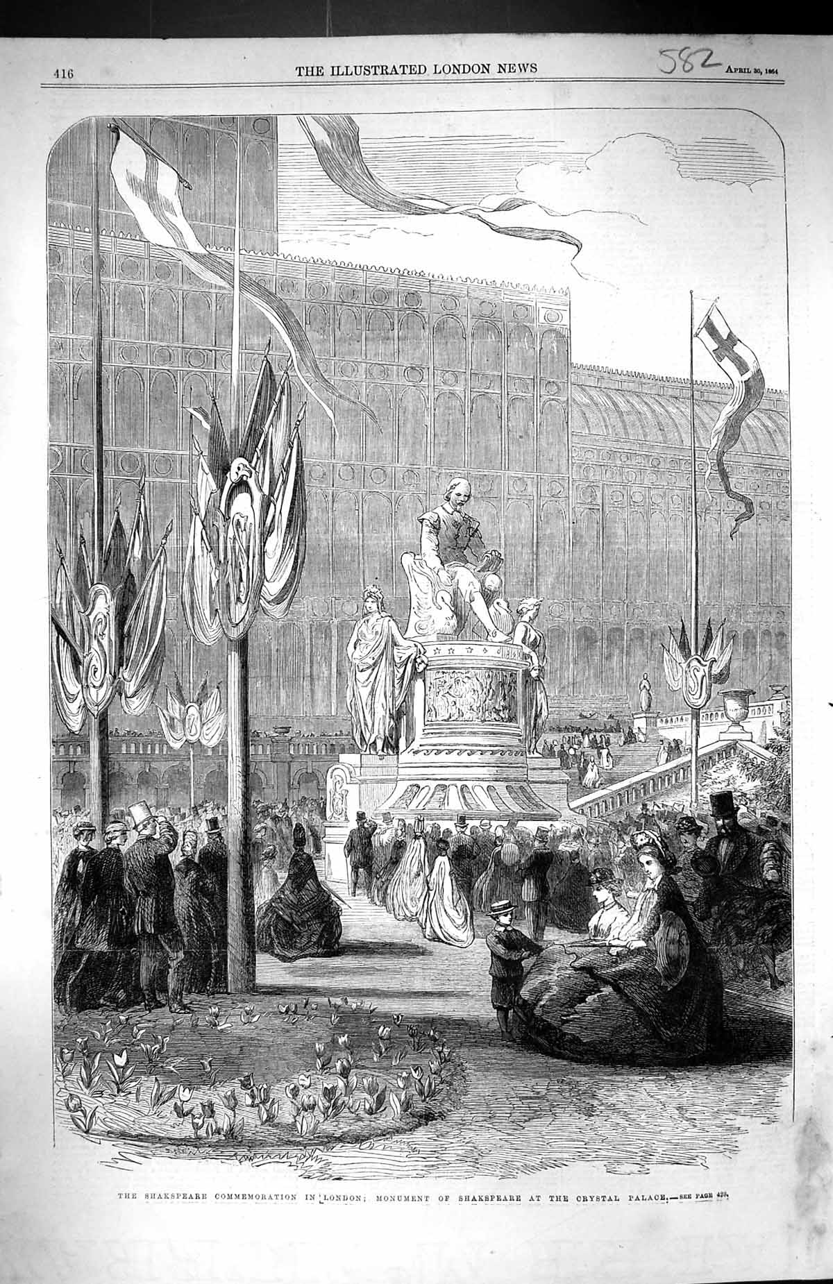 Antique Print 1864 Shakspeare Commemoration London Monument Crystal Palace 19th