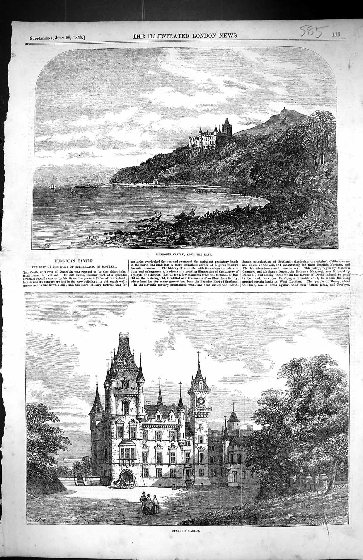 Antique Print 1855 Dunrobin Castle Sutherland Golspie Scotland Architecture