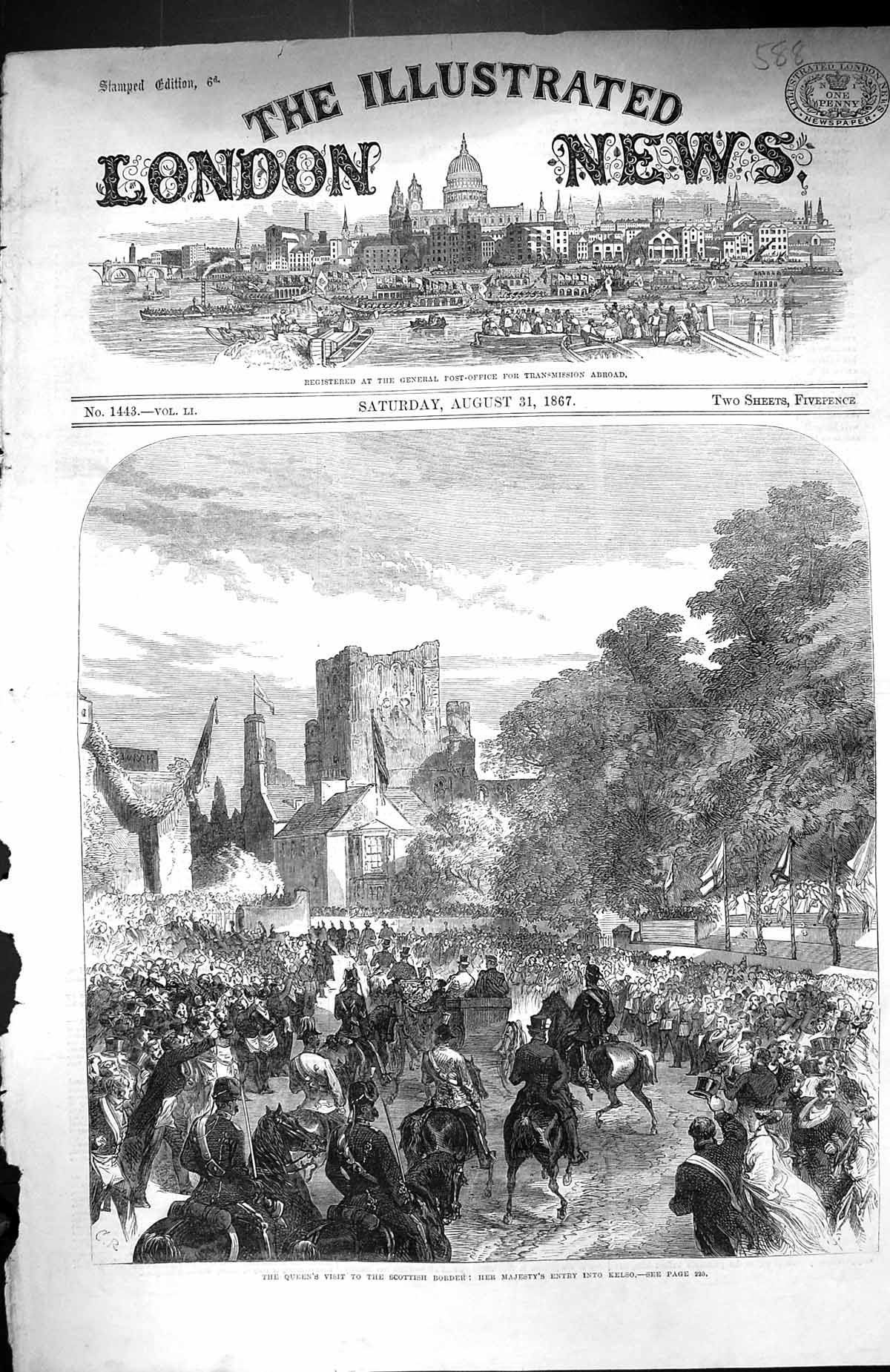 Original Old Antique Print 1867 Queen Visit Scottish Borders Kelso Procession