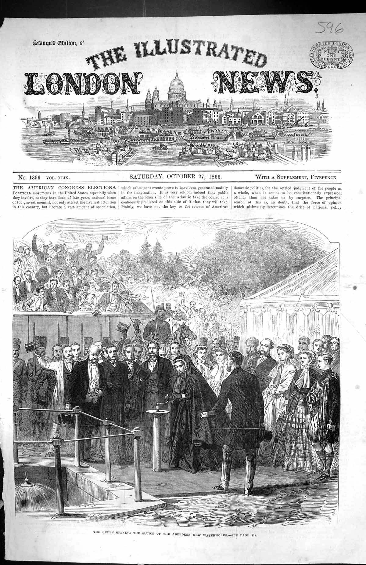 Old Antique Print 1866 Queen Opening Sluice Aberdeen Waterworks Scotland 19th