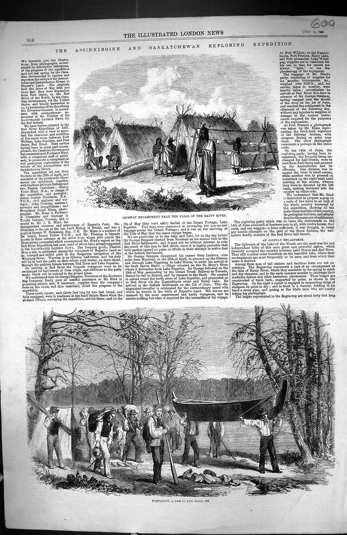 Old 1868 Assinniboine Saskatchewan Exploring Ojibway Rainy River Cano Victorian