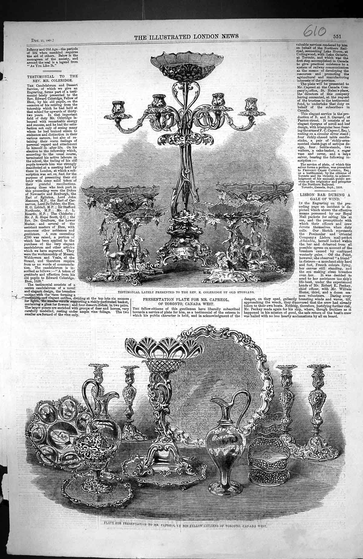 Old 1858 Testimonial Coleridge Etonians Plate Capreol Tornoto Canada Victorian