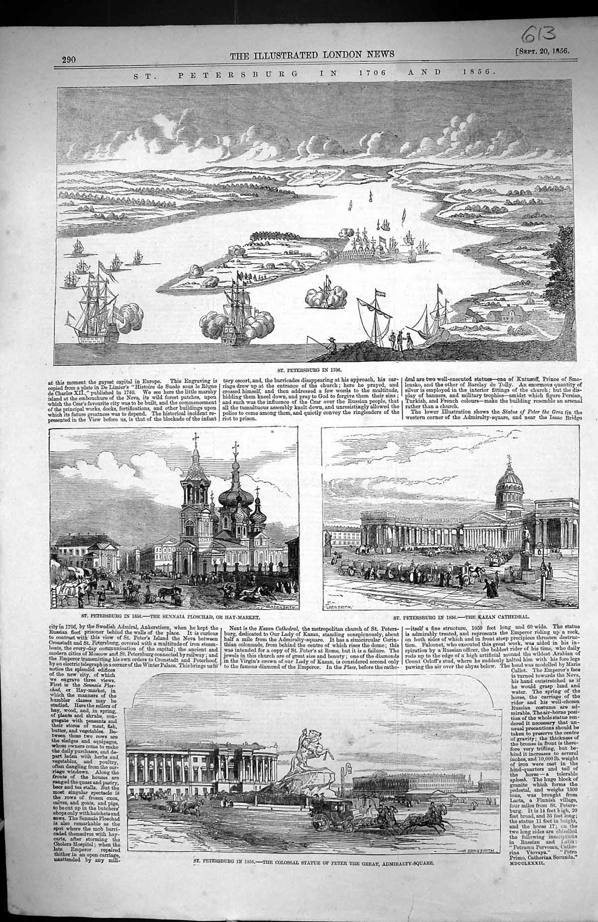 Old 1856 St. Petersburg Ships Sennaia Ploschad Market Kazan Cathedral Victorian