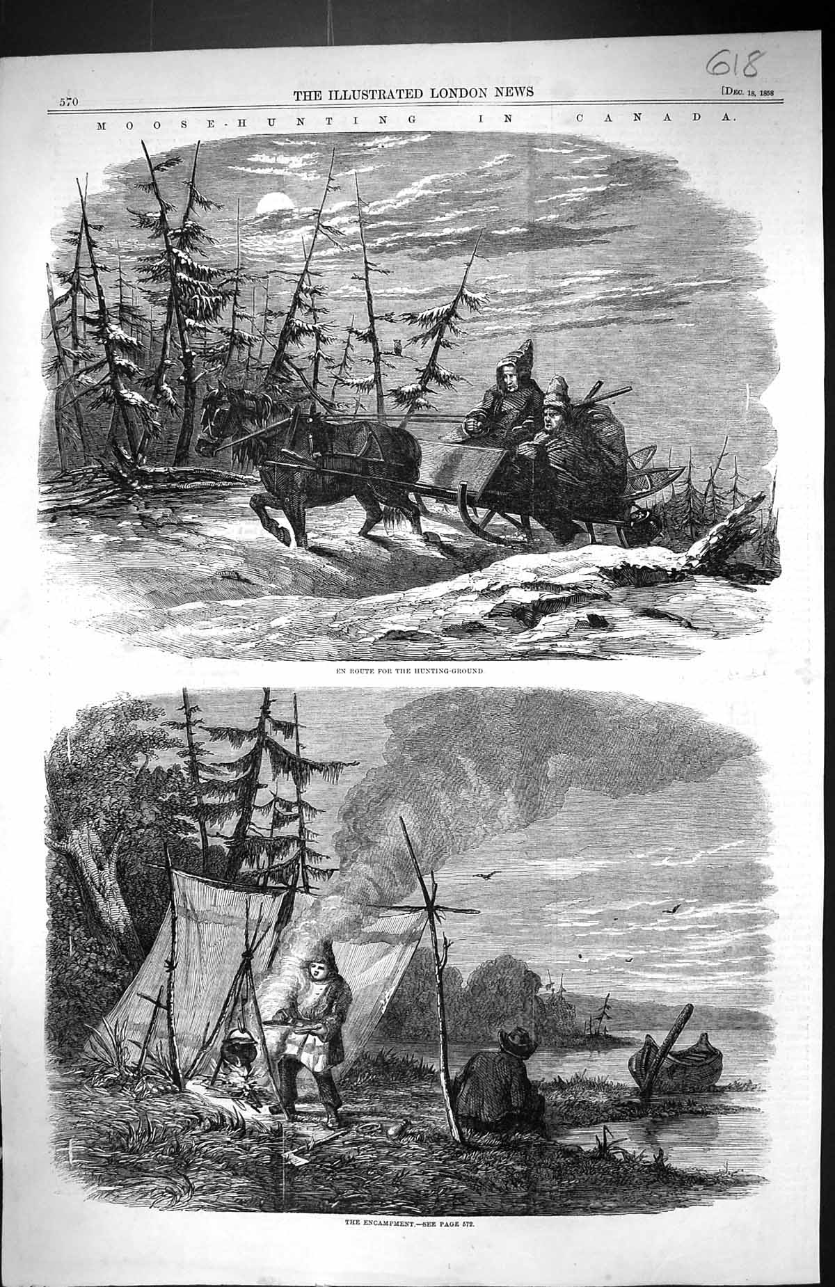 Old 1858 Moose Hunting Canada Encampment Men Camp Fire Tent Snow Sled Victorian