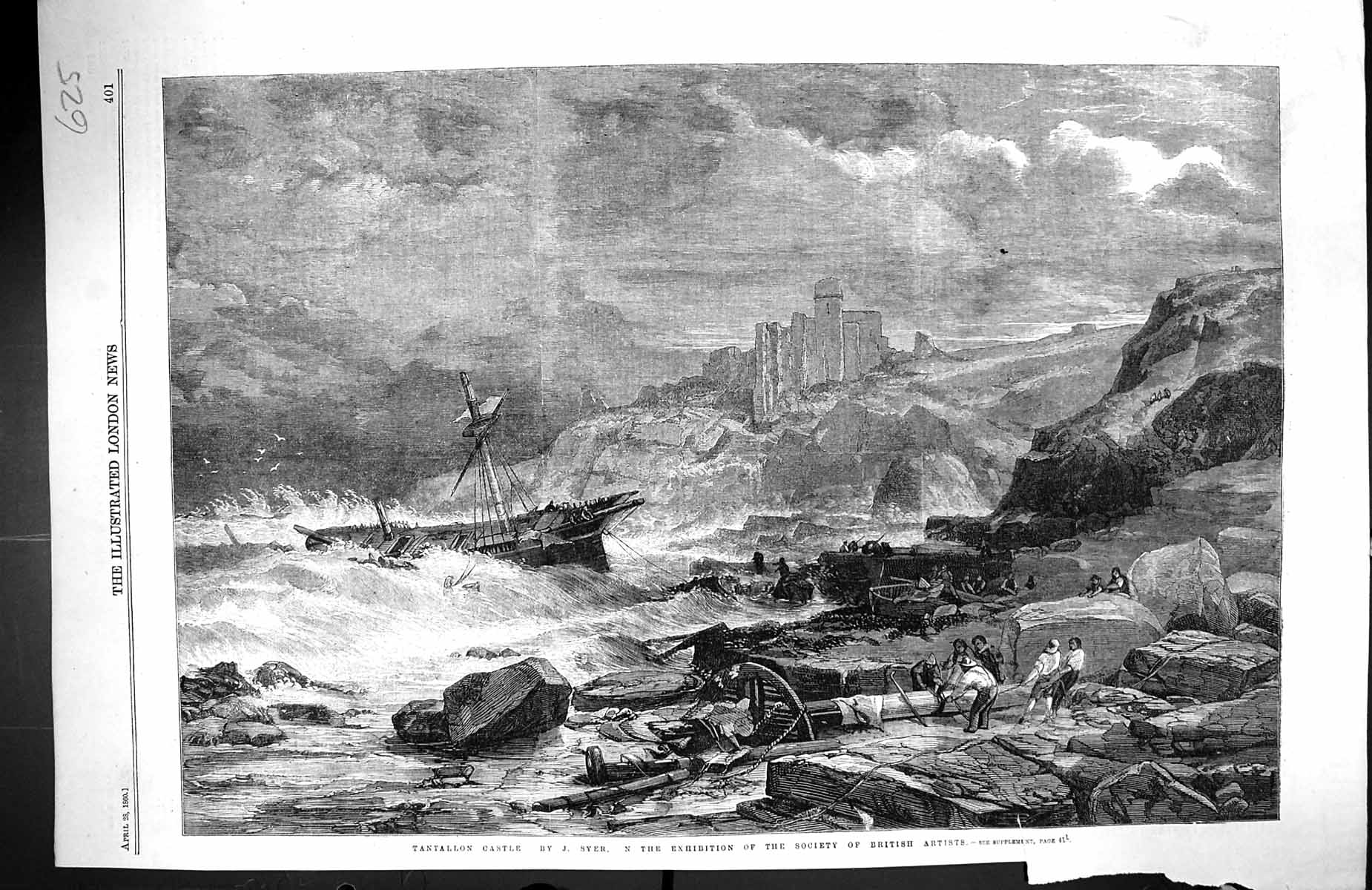 Original Old Antique Print 1860 View Ship Wreck Tantallon Castle Sea Coast Syer