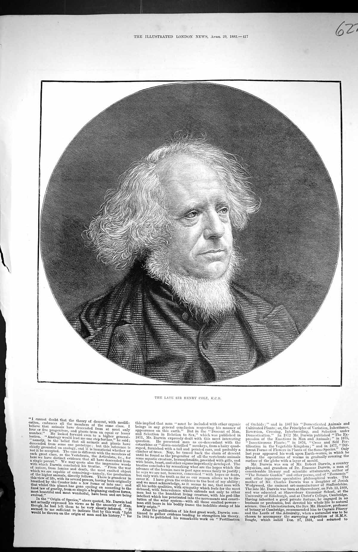 Original Old Antique Print 1882 Portrait Sir Henry Cole K.C.B. 19th